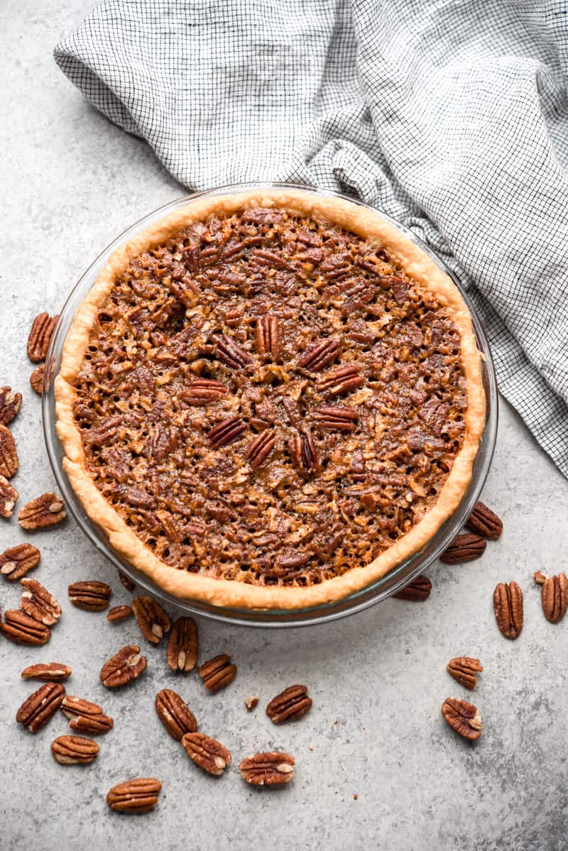 Overhead view of a whole pecan pie.