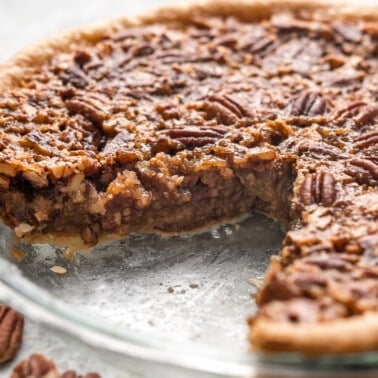 Close up view of a pecan pie.