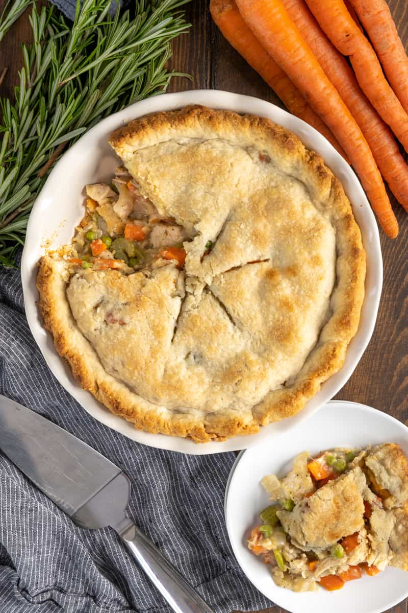 An overhead view of a turkey pot pie.