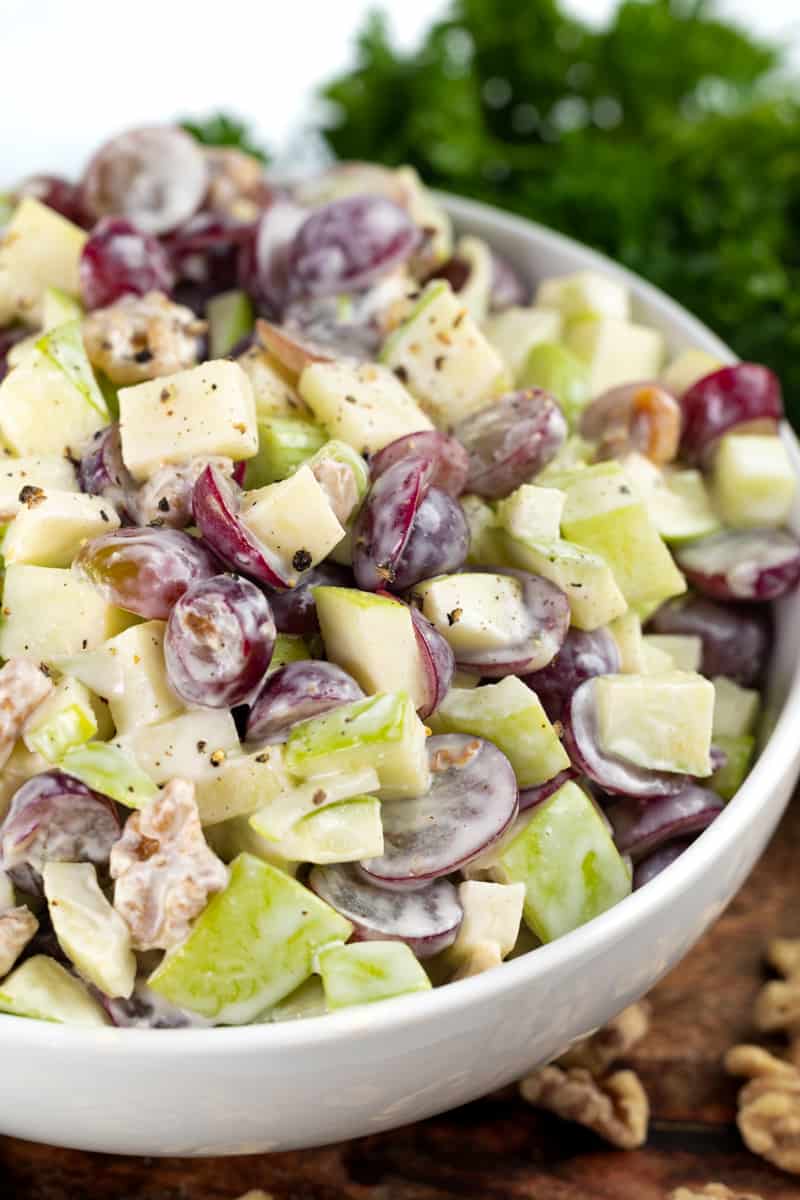 Close up view of Waldorf salad in a bowl.