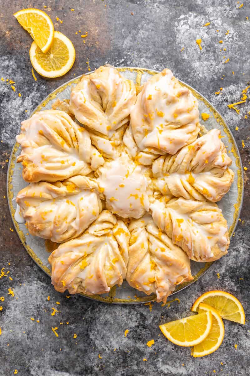 Overhead view of orange star bread.