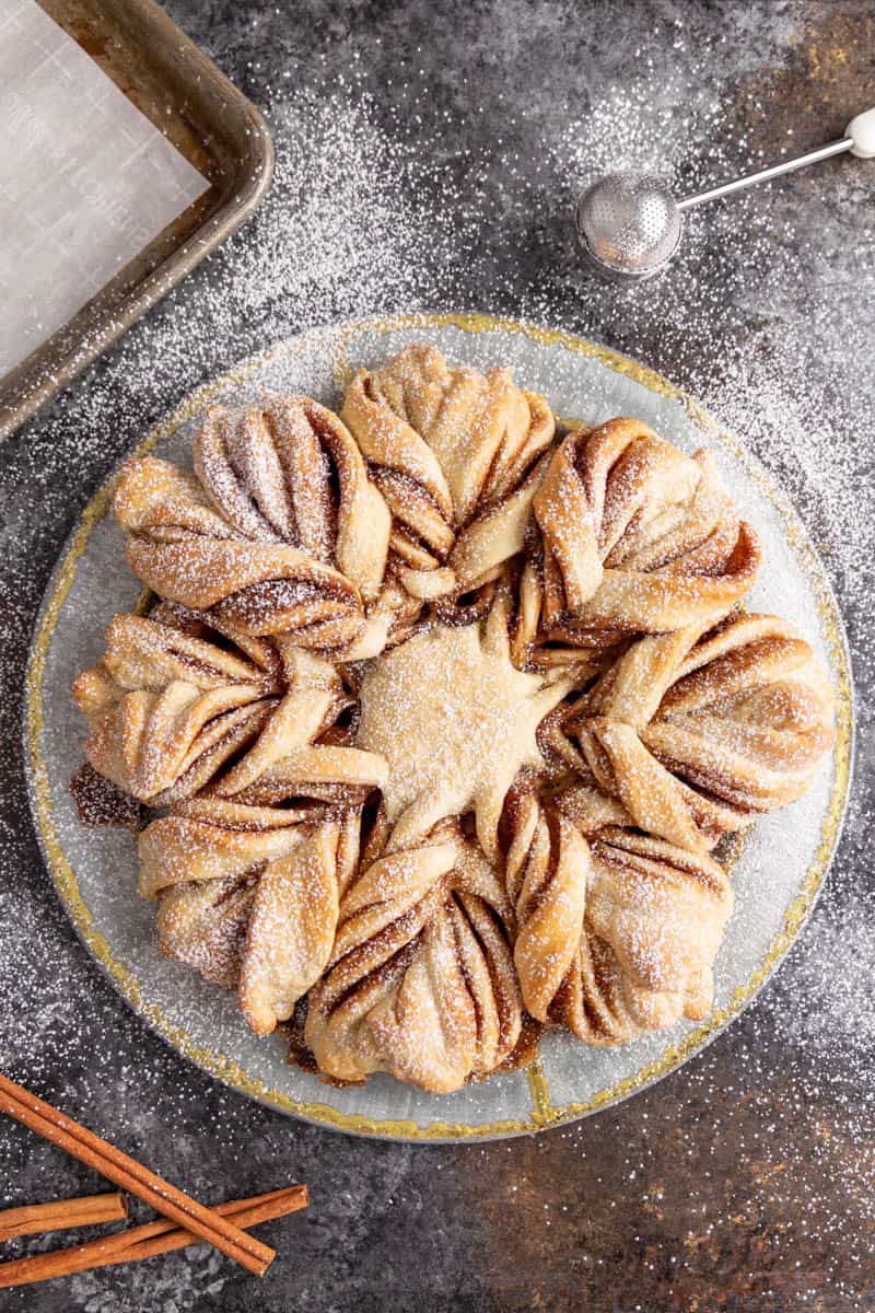 Overhead view of star bread on a serving platter.