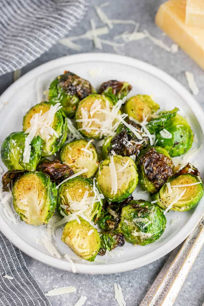 A plate of brussels sprouts baked in an air fryer.
