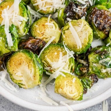 Overhead view of brussel sprouts on a dinner plate.