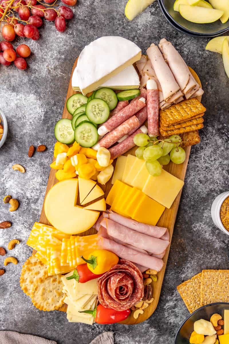 Overhead view of charcuterie board.