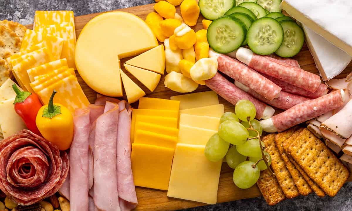 Overhead view of a simple charcuterie board.