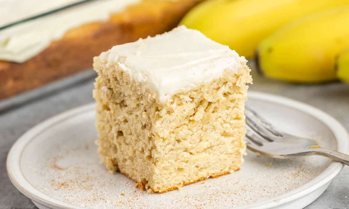 Close up view of a slice of banana cake.