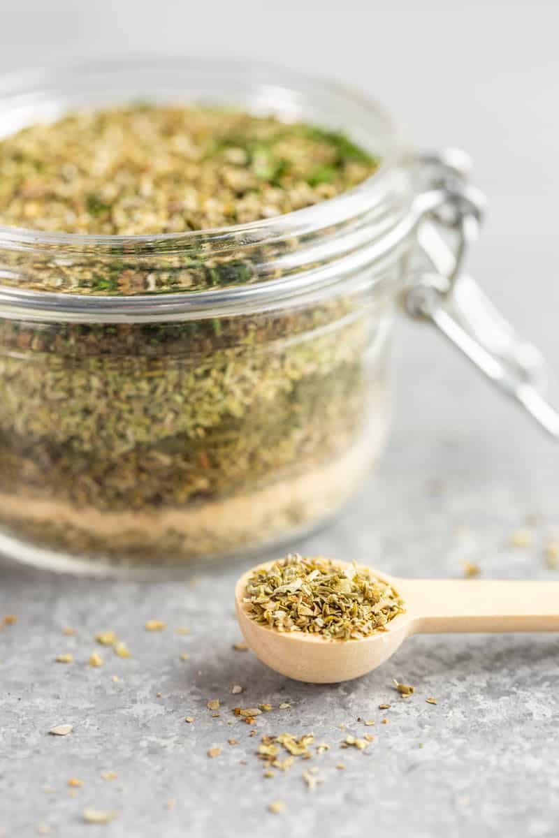 Italian seasoning in a glass bottle.