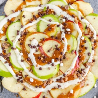 A stack of apple nachos with homemade caramel.
