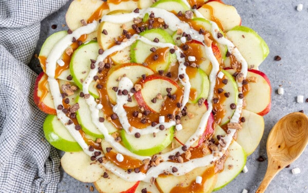 A stack of apple nachos with homemade caramel.