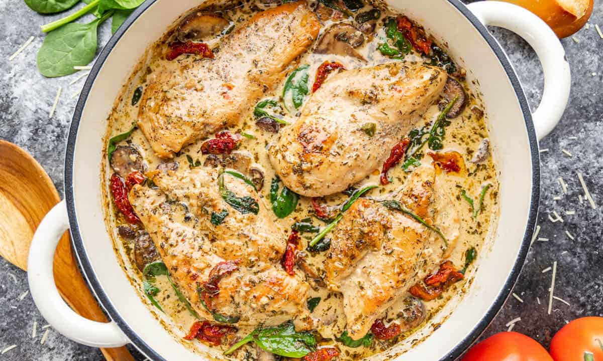 Overhead view of creamy tuscan chicken in a pot.