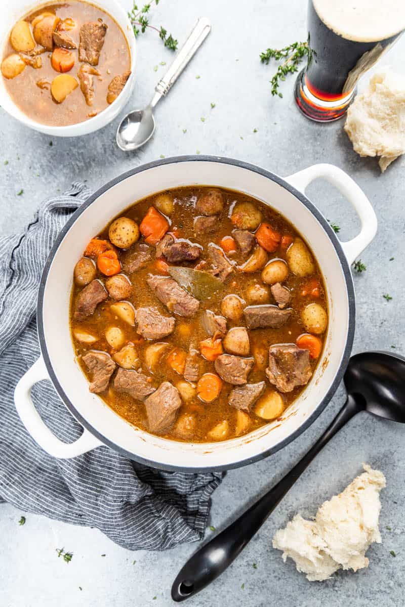 Overhead view of a stockpot filled with Irish stew.