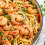 Close up view of cajun shrimp pasta.