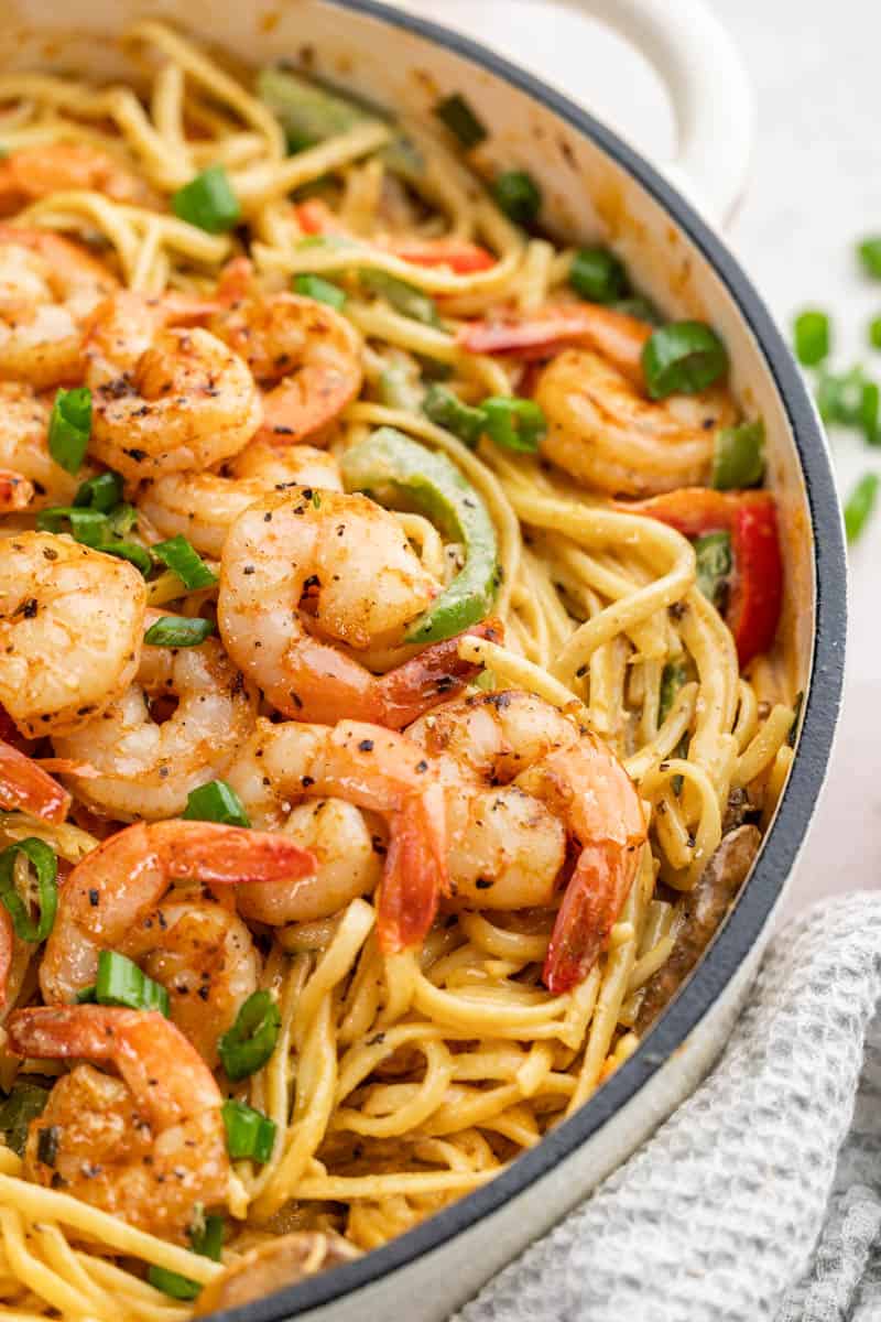 Close up view of cajun shrimp pasta.