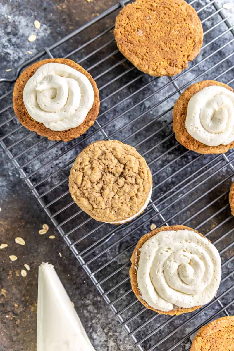 Overhead view of halves of oatmeal cream pies that need to be put together.