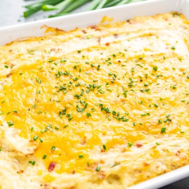 Twice baked potato casserole in a large baking dish.