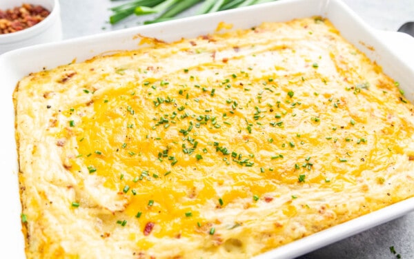 Twice baked potato casserole in a large baking dish.