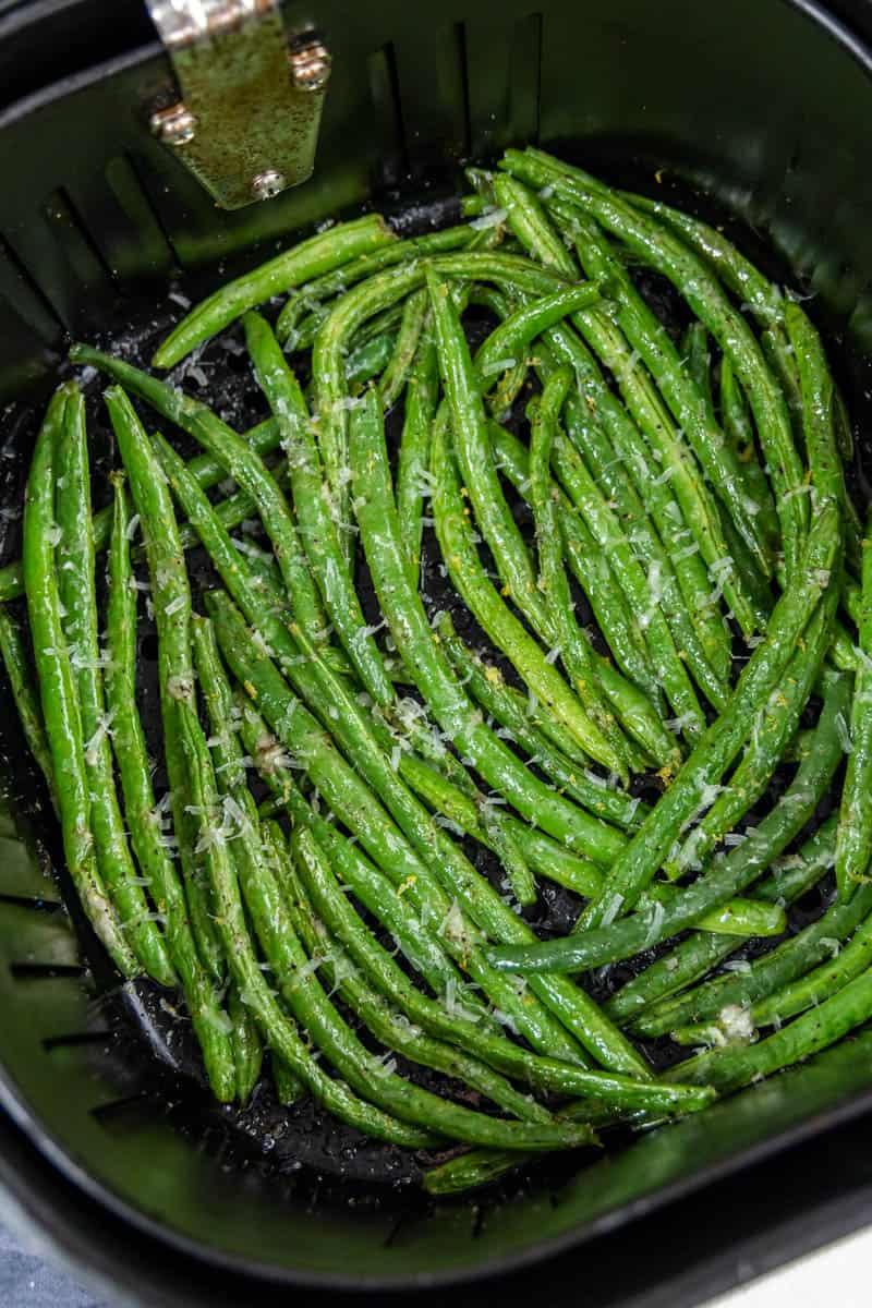 Overhead view of air fryer mung beans.