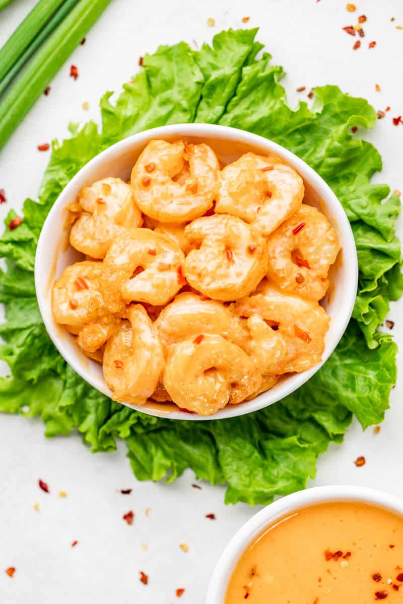 Overhead view of a bowl of bang bang shrimp.