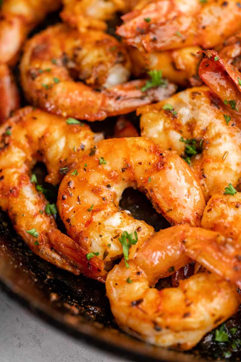 Close-up of Cajun shrimp.