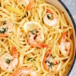 Overhead view of shrimp linguine.