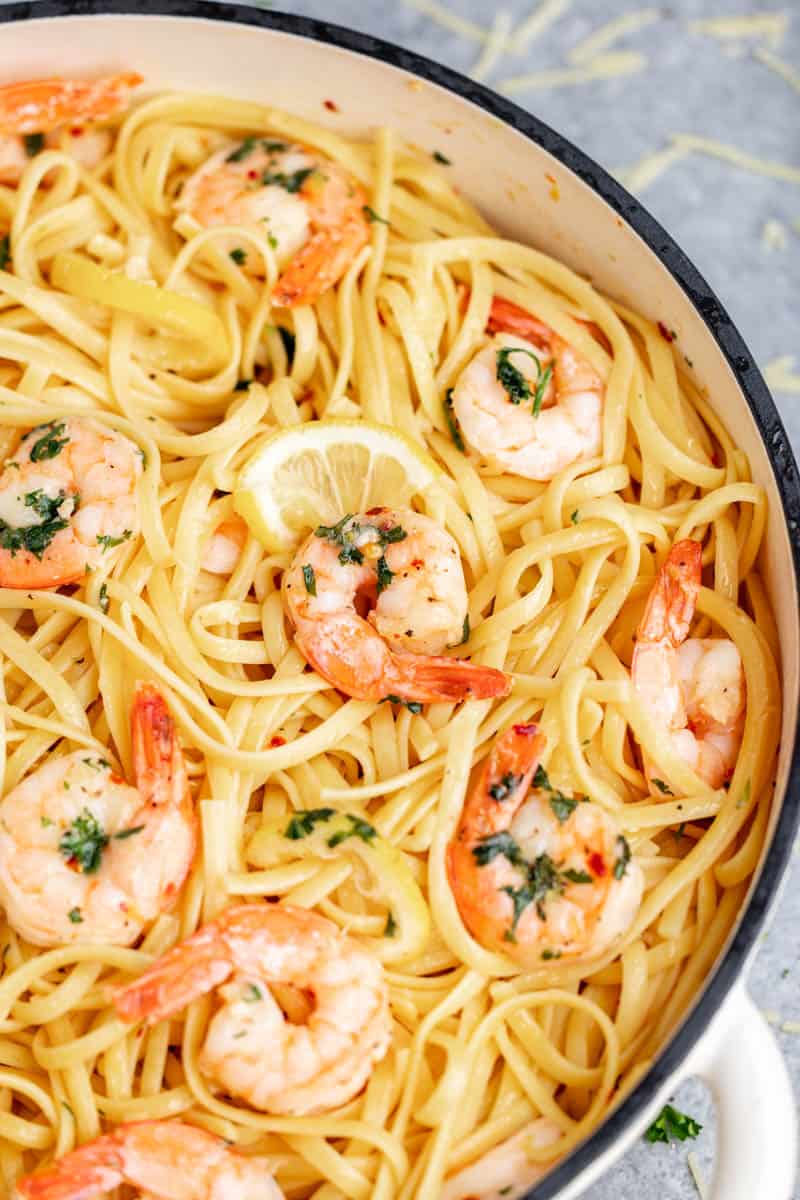 Overhead view of shrimp linguine.