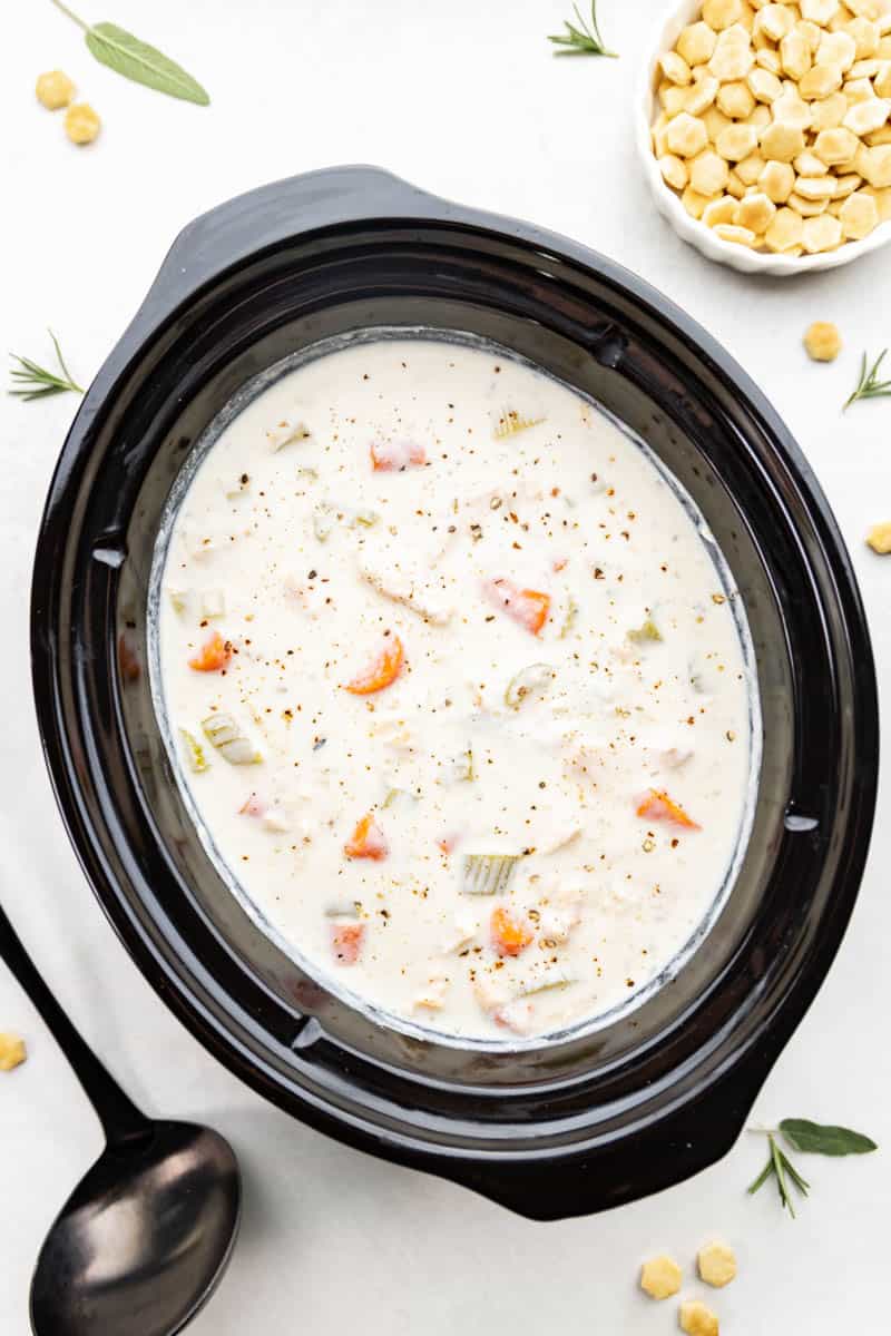 Overhead view looking into a slow cooker filled with creamy chicken soup.