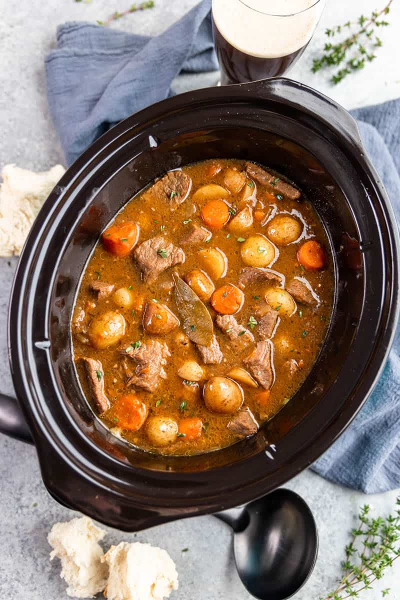 Overhead view of Irish stew in a slow cooker.