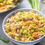 Beef fried rice in a bowl.