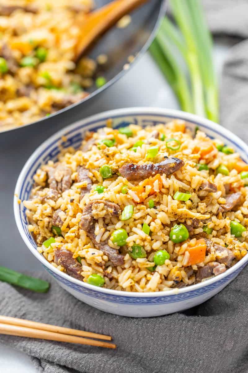 Beef fried rice in a bowl.