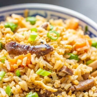 Come up overhead view of beef fried rice.