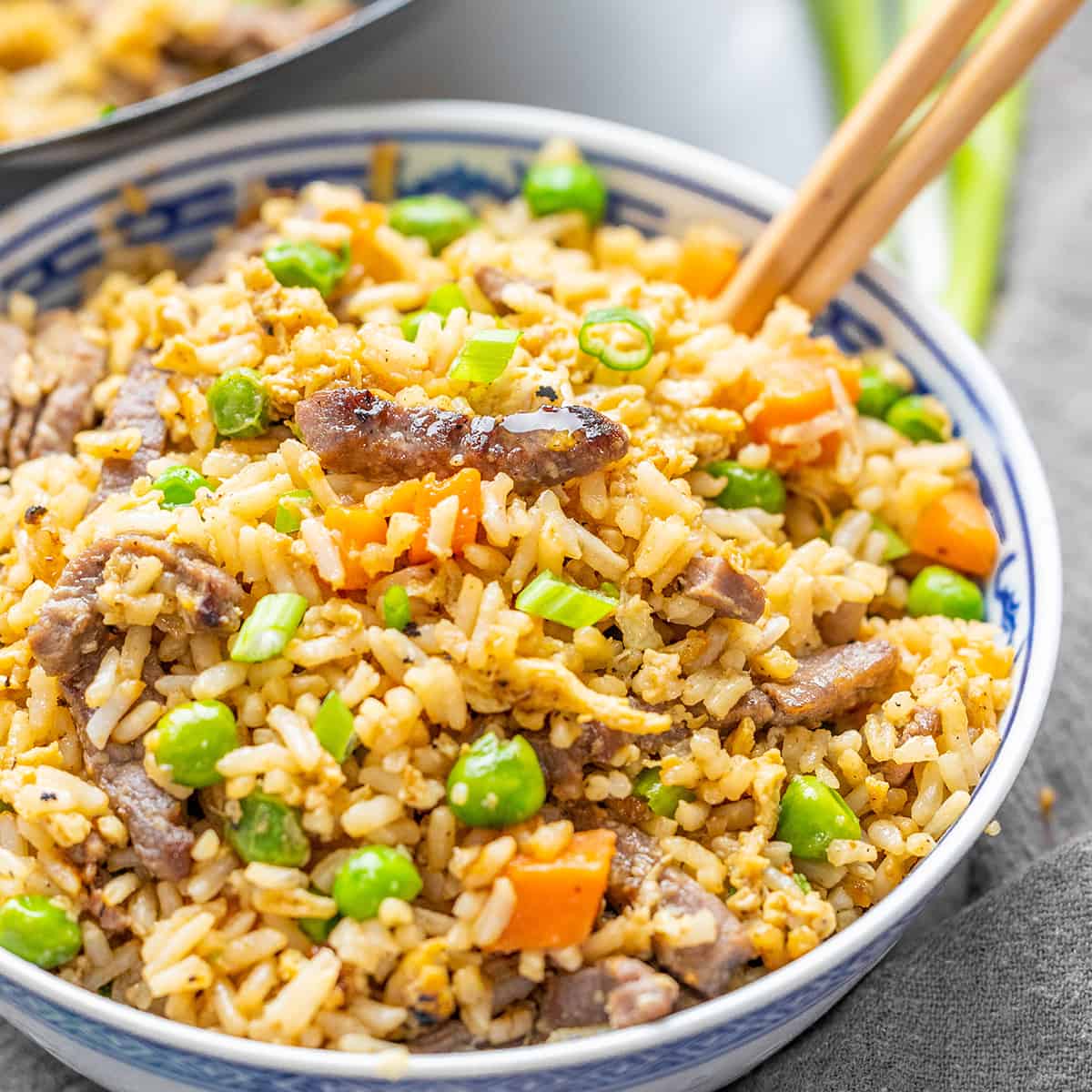 Close up view of beef fried rice.