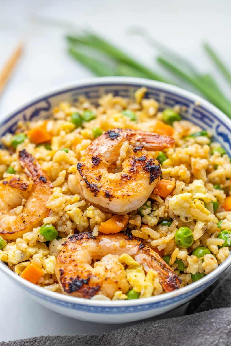 Close up view of shrimp fried rice.