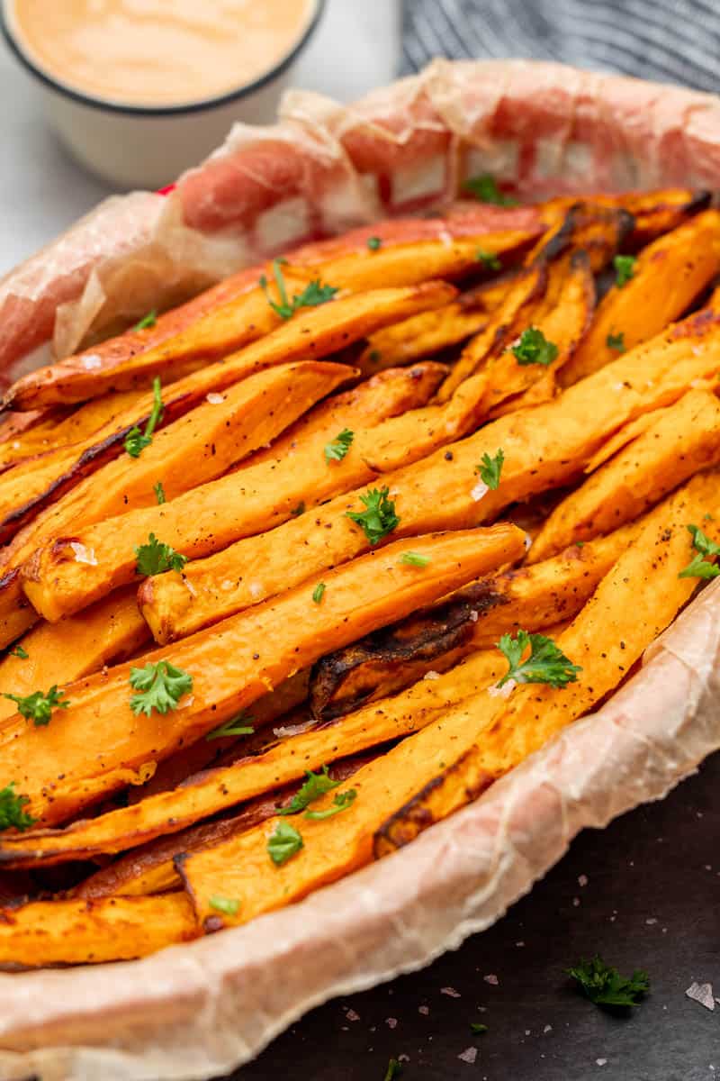 Sweet potato fries in a basket.
