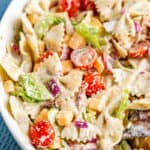 Close up overhead view of BLT pasta salad.