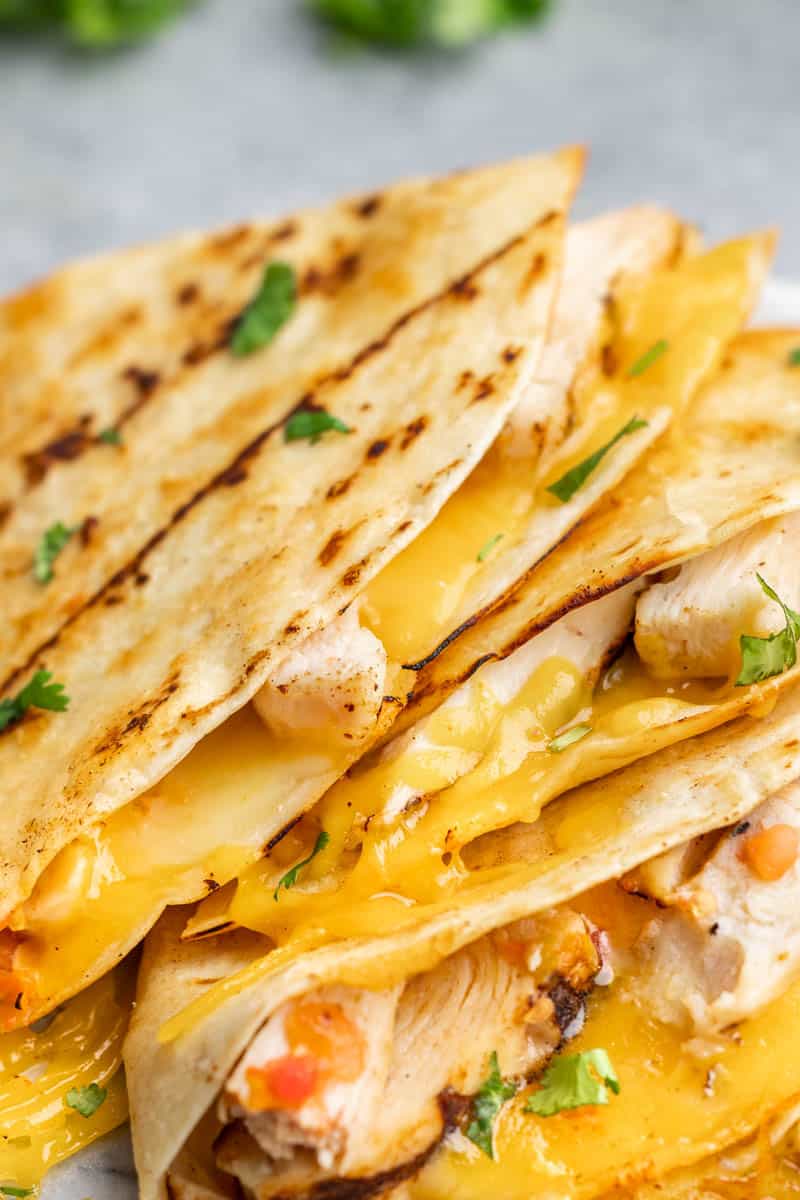 Close up view of chicken quesadillas.