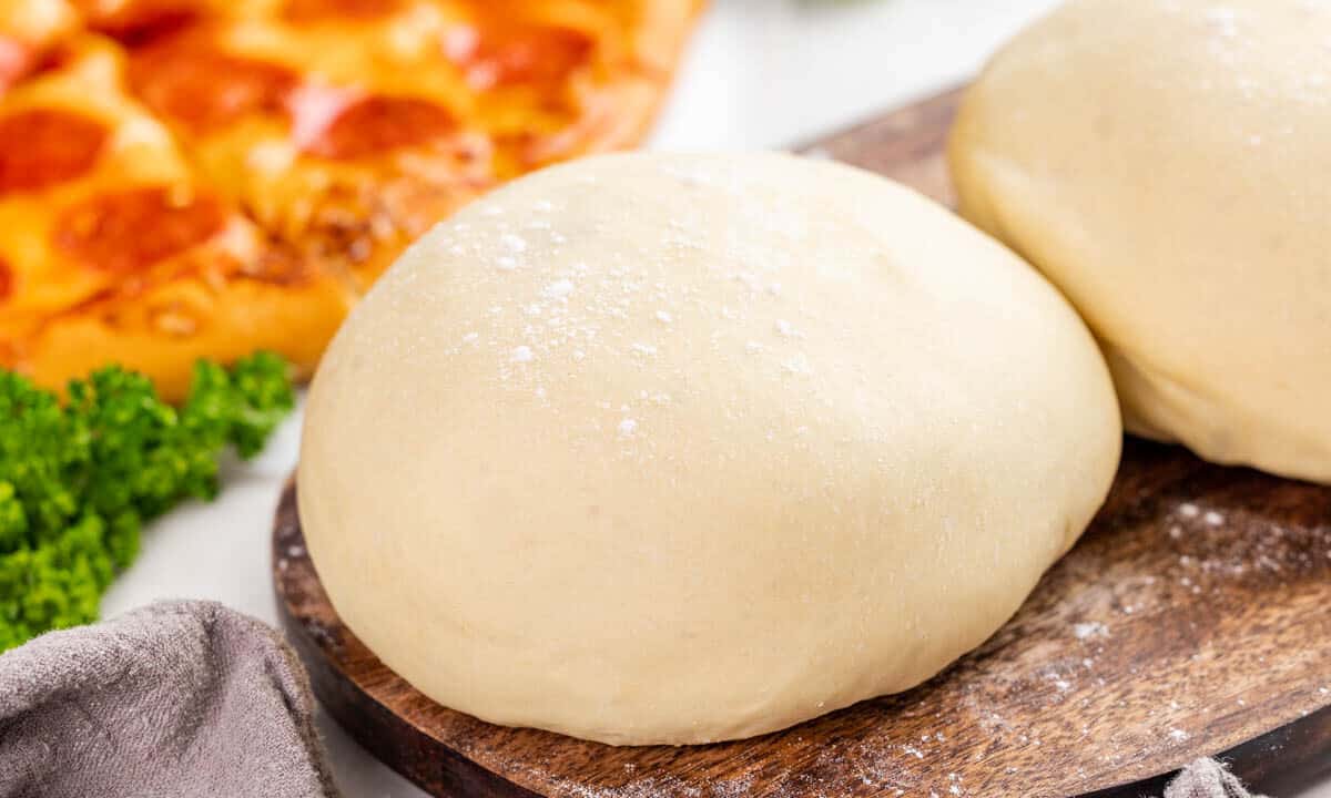 Close up view of homemade pizza dough.