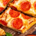 Close up view of french bread pizza.