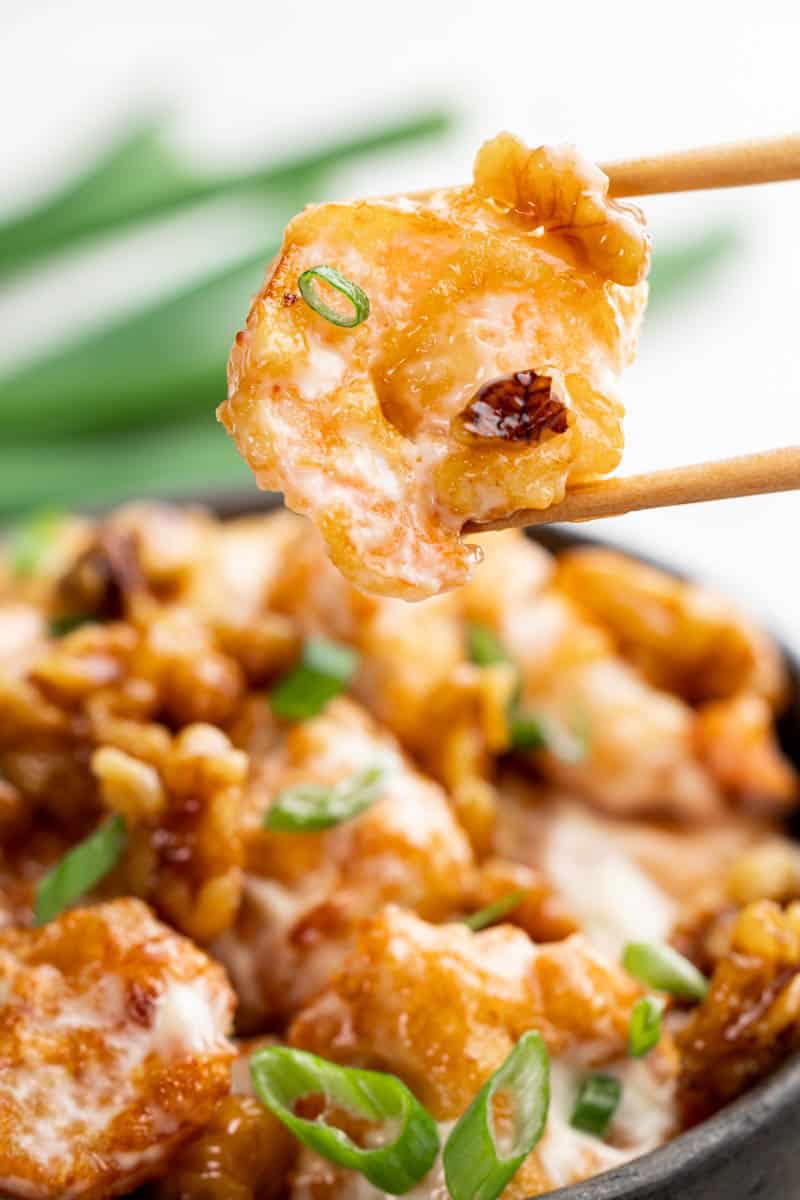 Close-up of honey walnut shrimp.