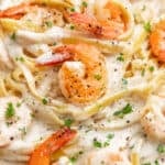 Overhead close-up of Shrimp Alfredo.