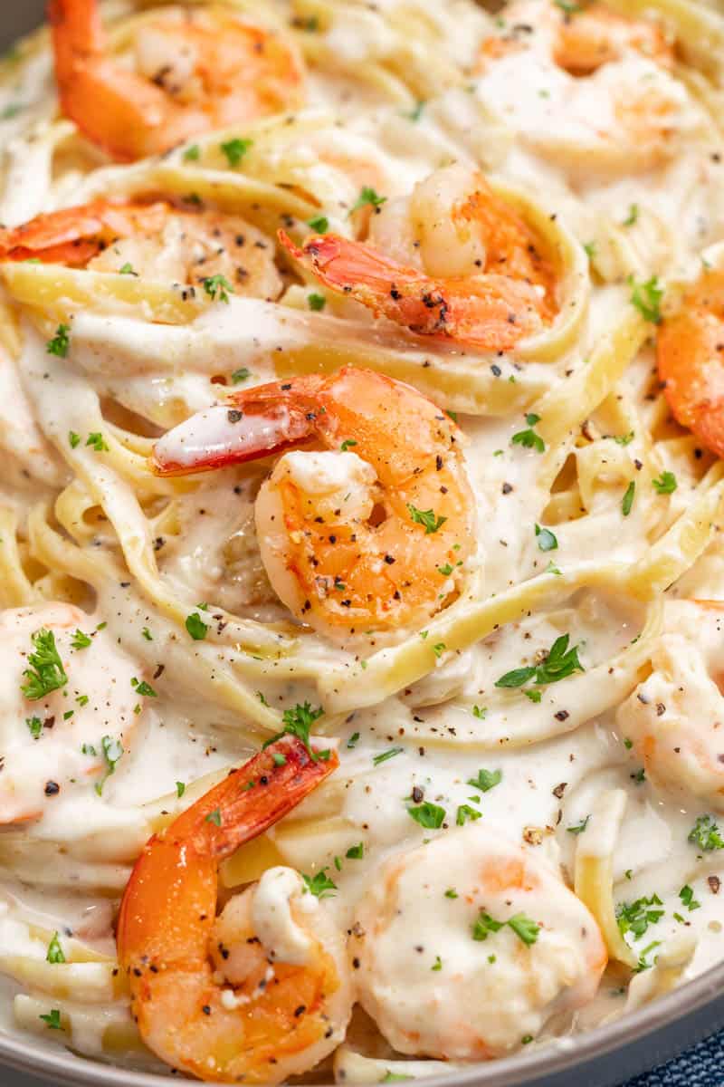 Overhead close up view of shrimp Alfredo.