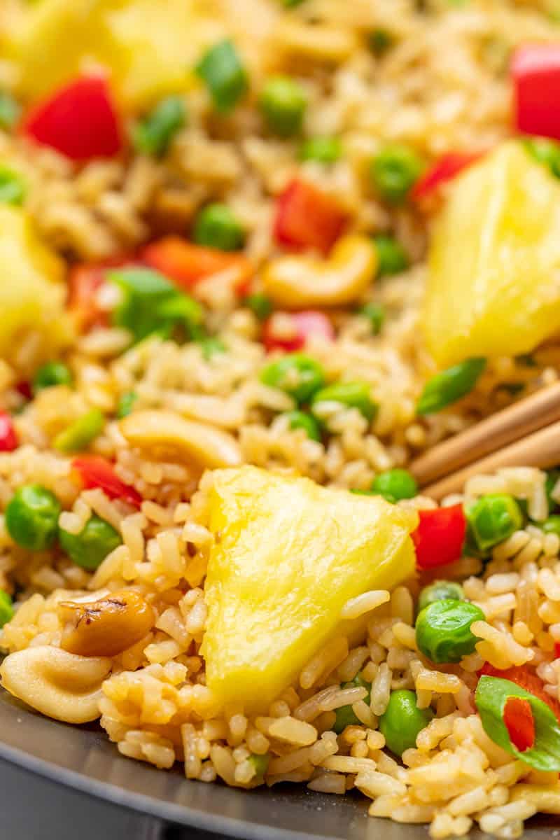 Close up view of pineapple fried rice.