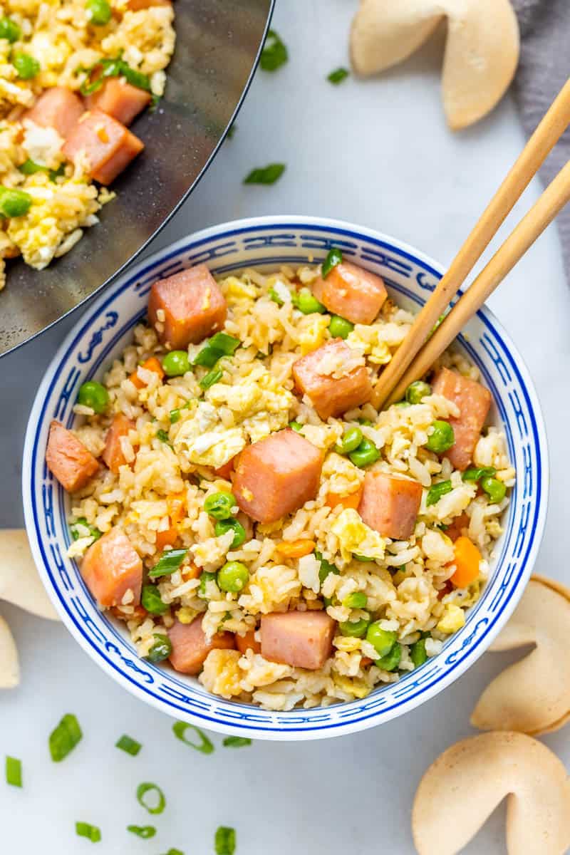 Top view of spam fried rice in a bowl.