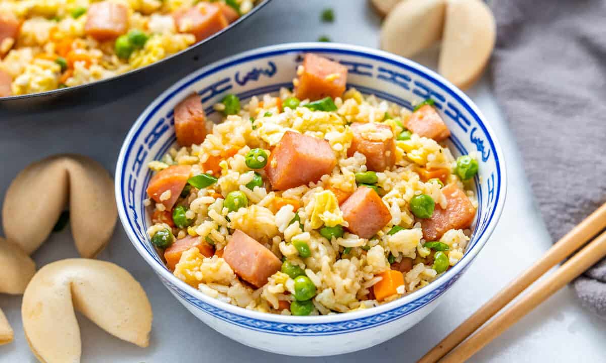 Spam fried rice in a bowl.