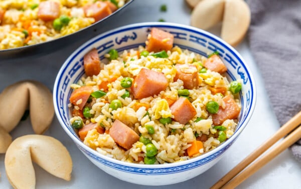 Spam fried rice in a bowl.
