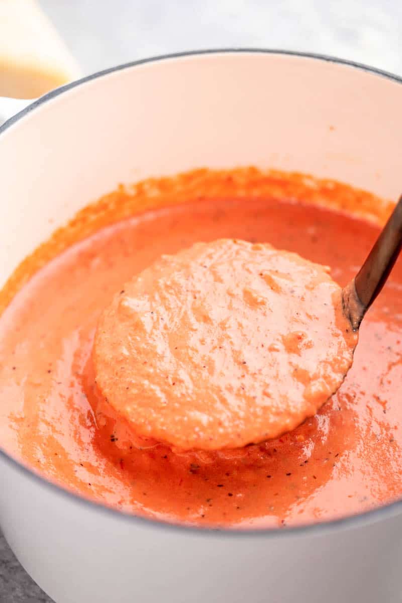 A close up view of a ladle full of homemade vodka sauce.