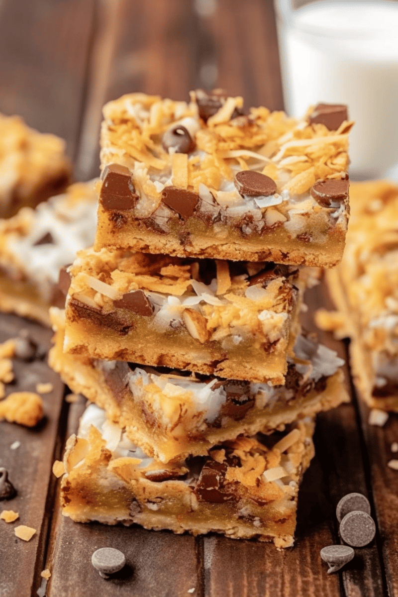 A stack of four 7 layer bars on a wooden surface with a glass of milk in the background.