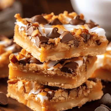 A stack of three 7 layer bars surrounded by chocolate chips.
