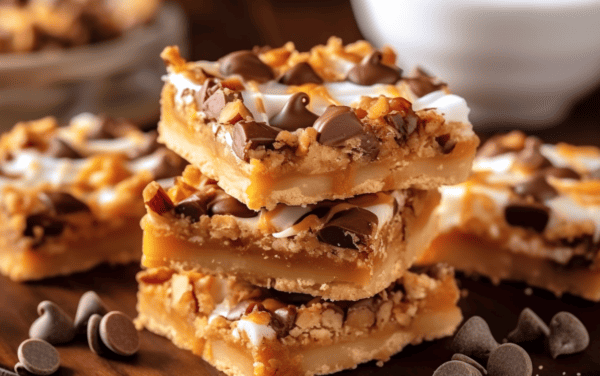 A stack of three 7 layer bars surrounded by chocolate chips.