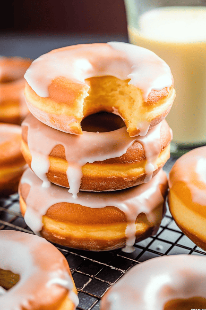 3 glazed donuts stacked on top of each other with a bite taken out of the one on top.
